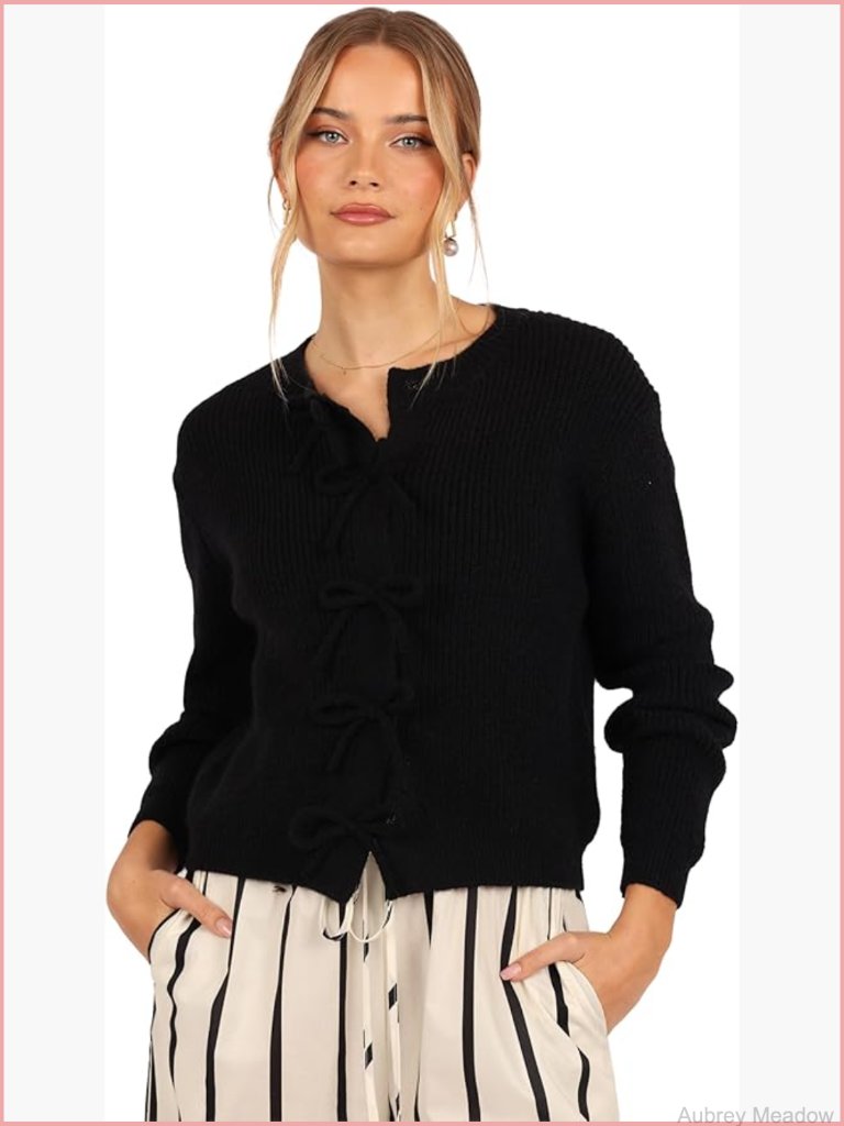 Women's Bow Front Cardigan Round Neck Long Balloon Sleeves
